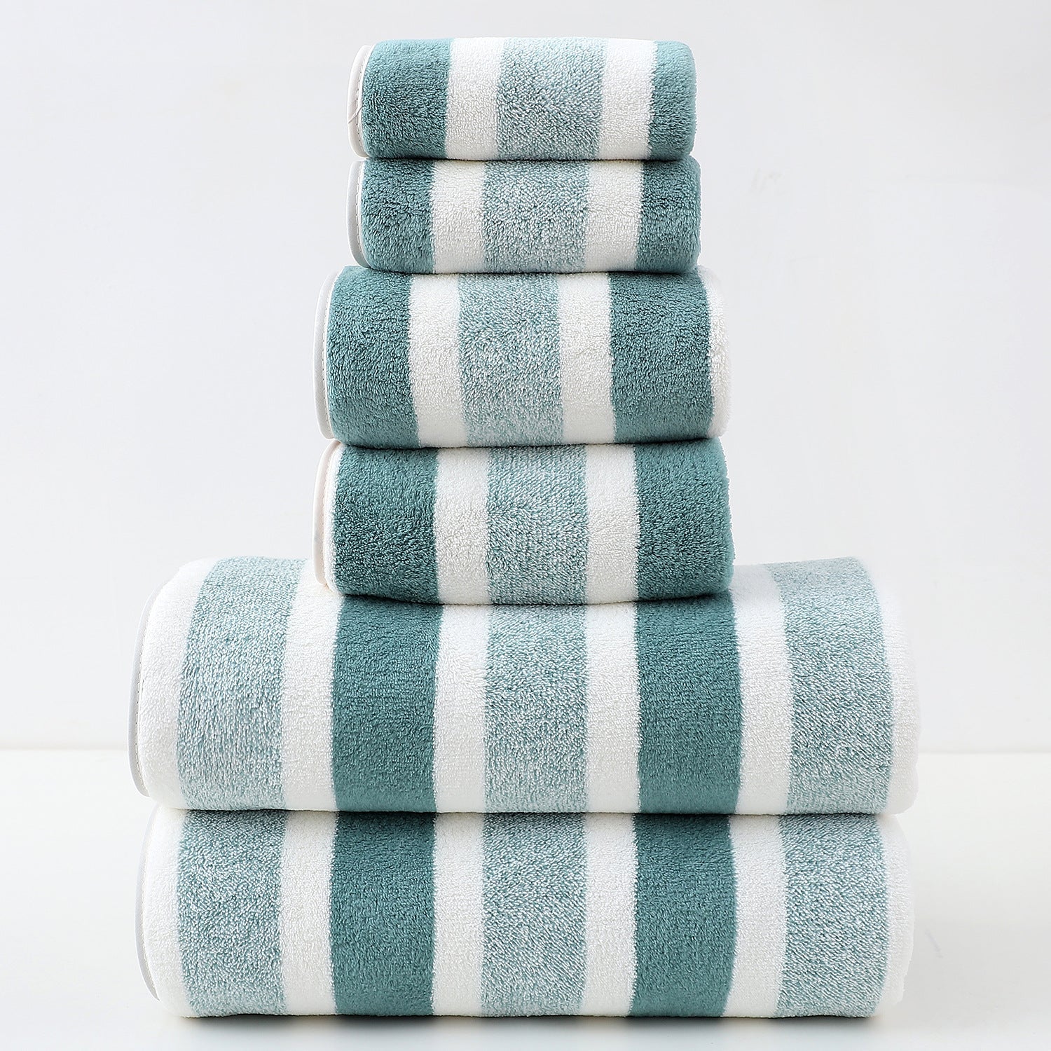 NNEDSZ Luxury Cotton Green Wide Stripe Towel Set - 6 Piece Set (2 Hand Towels, 2 Bath Towels, 2 Washcloths), Ultra Soft and Absorbent-0