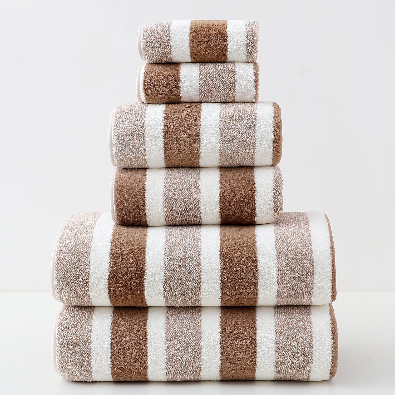 NNEDSZ Luxury Cotton Brown Wide Stripe Towel Set - 6 Piece Set (2 Hand Towels, 2 Bath Towels, 2 Washcloths), Ultra Soft and Absorbent-0