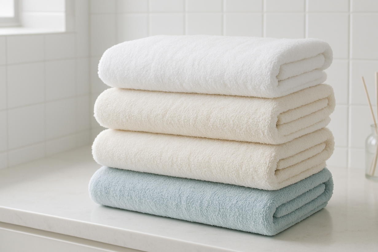 bath towels stacked in a bathroom